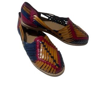 Woven Leather Huarache Flats in Pink, Yellow & Blue